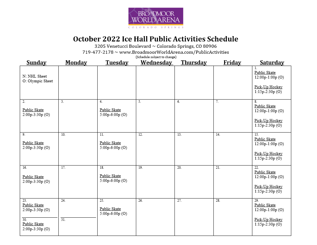 Public Activities Schedule | Broadmoor World Arena